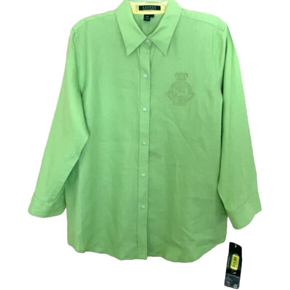Ralph Lauren Tops - Ralph Lauren Linen Top Shirt Large Lime Green Button Front Embroidered Crest NWT